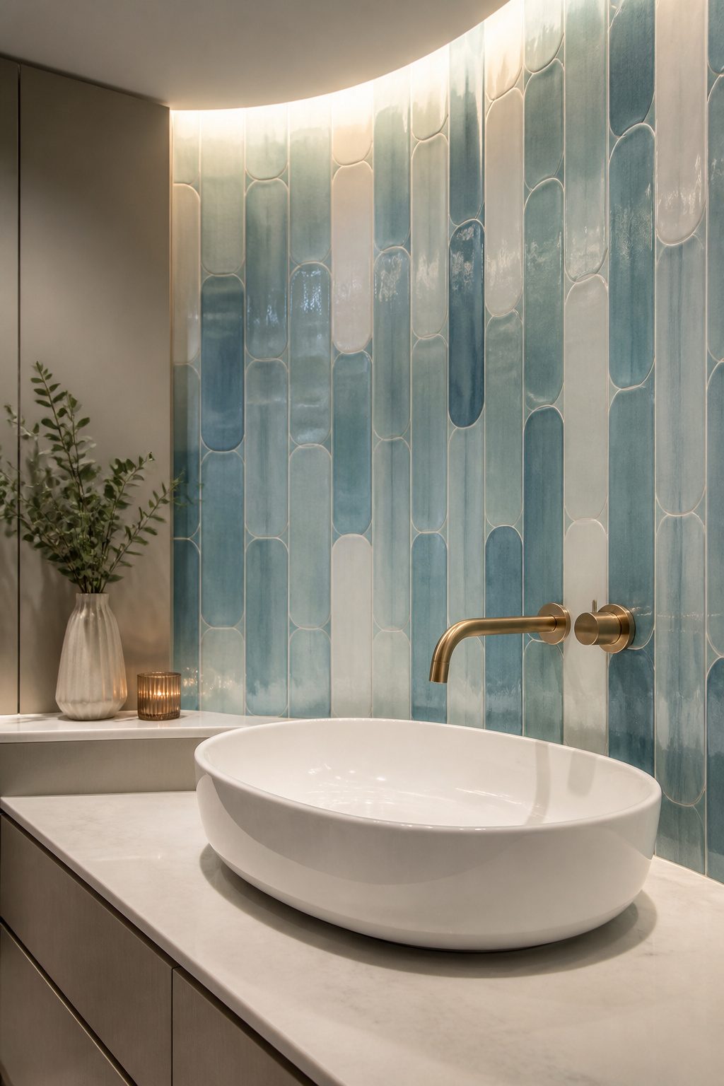 Curved tiles in various shapes applied to a bathroom wall.