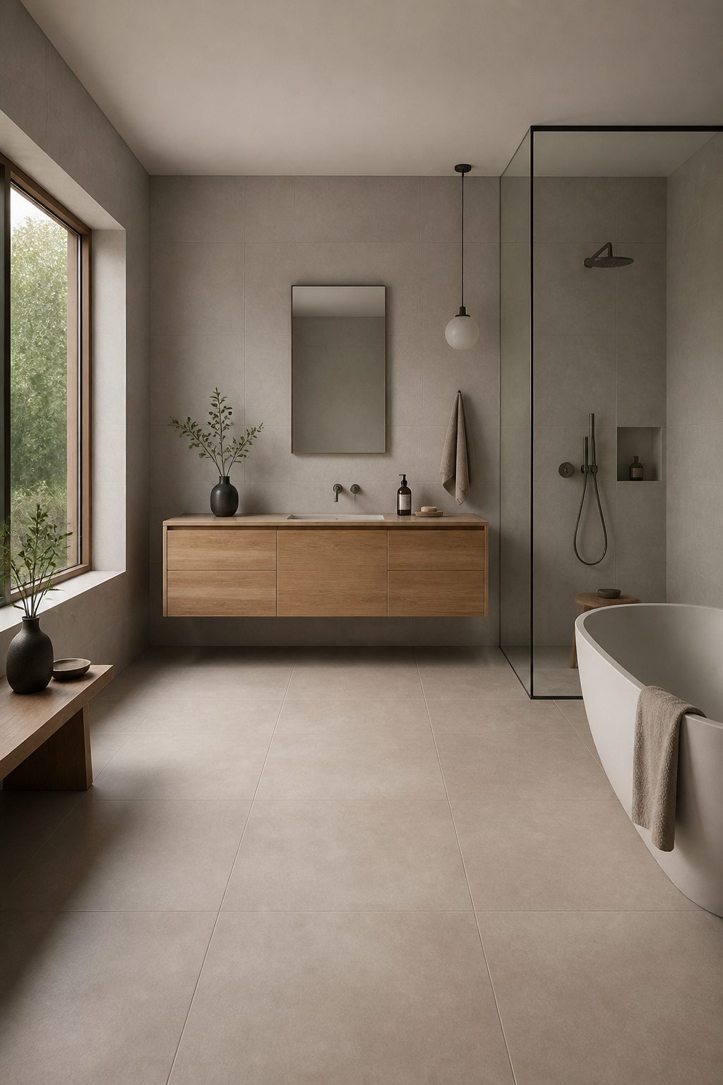 A bathroom designed in Japandi style with neutral tones and natural materials.