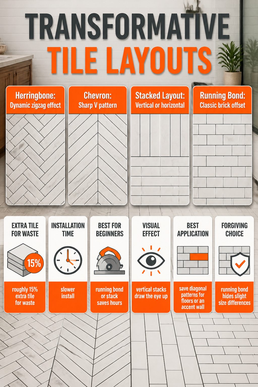 Various tile layout patterns displayed for comparison.