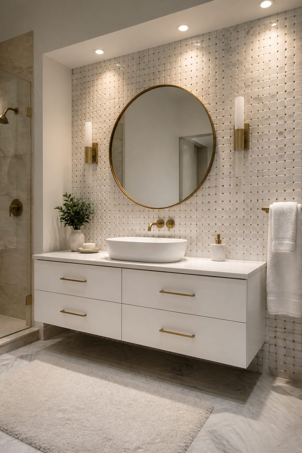 Intricately designed marble mosaic wall in a bathroom.