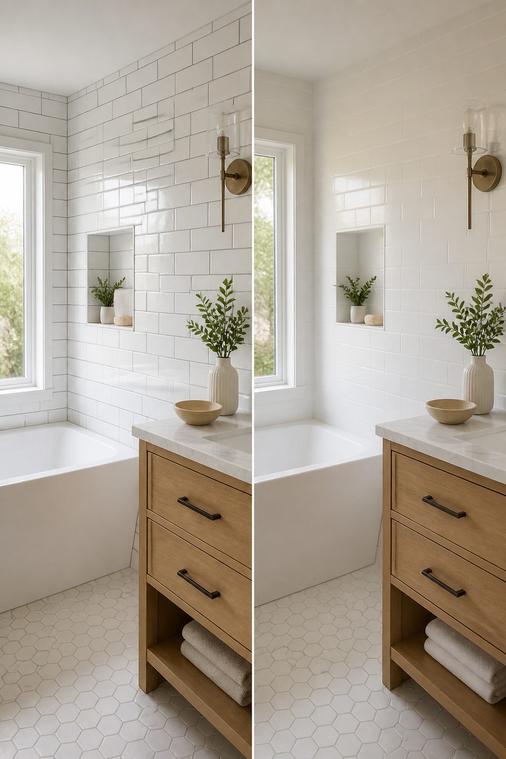 Matching grout lines with tiles in a bathroom.