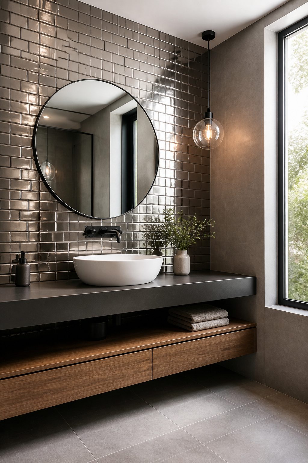 Metallic-look tiles in a modern bathroom.