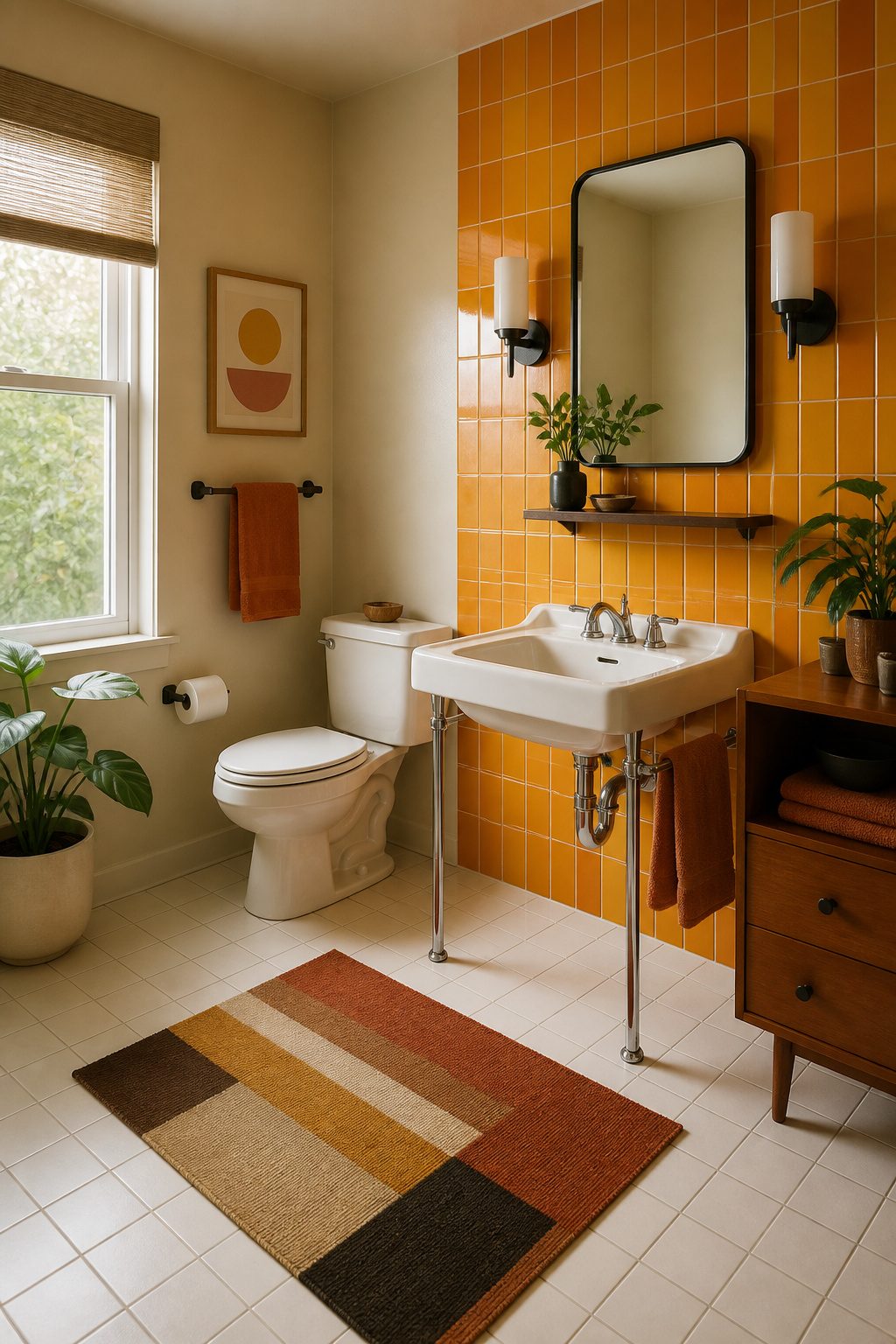 Midcentury modern bathroom with warm-colored tiles and fixtures.