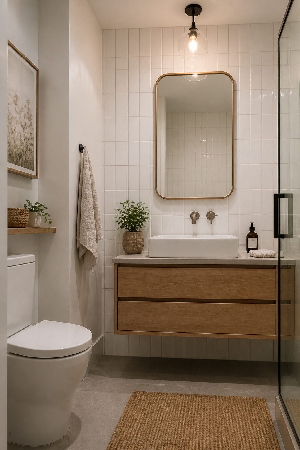Vertical stacks of white subway tiles in a bathroom.