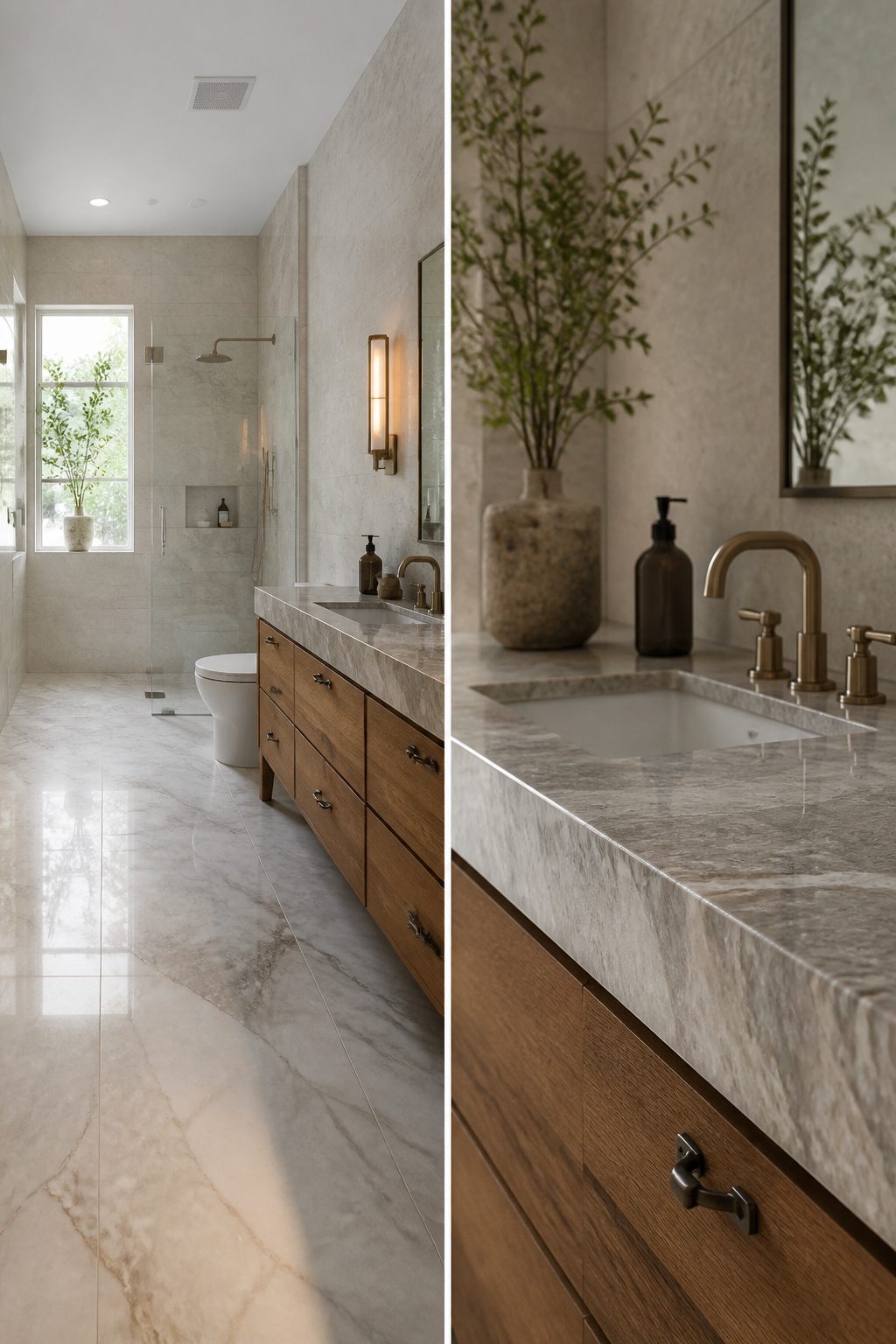 Natural stone and stone-look tiles in a bathroom.