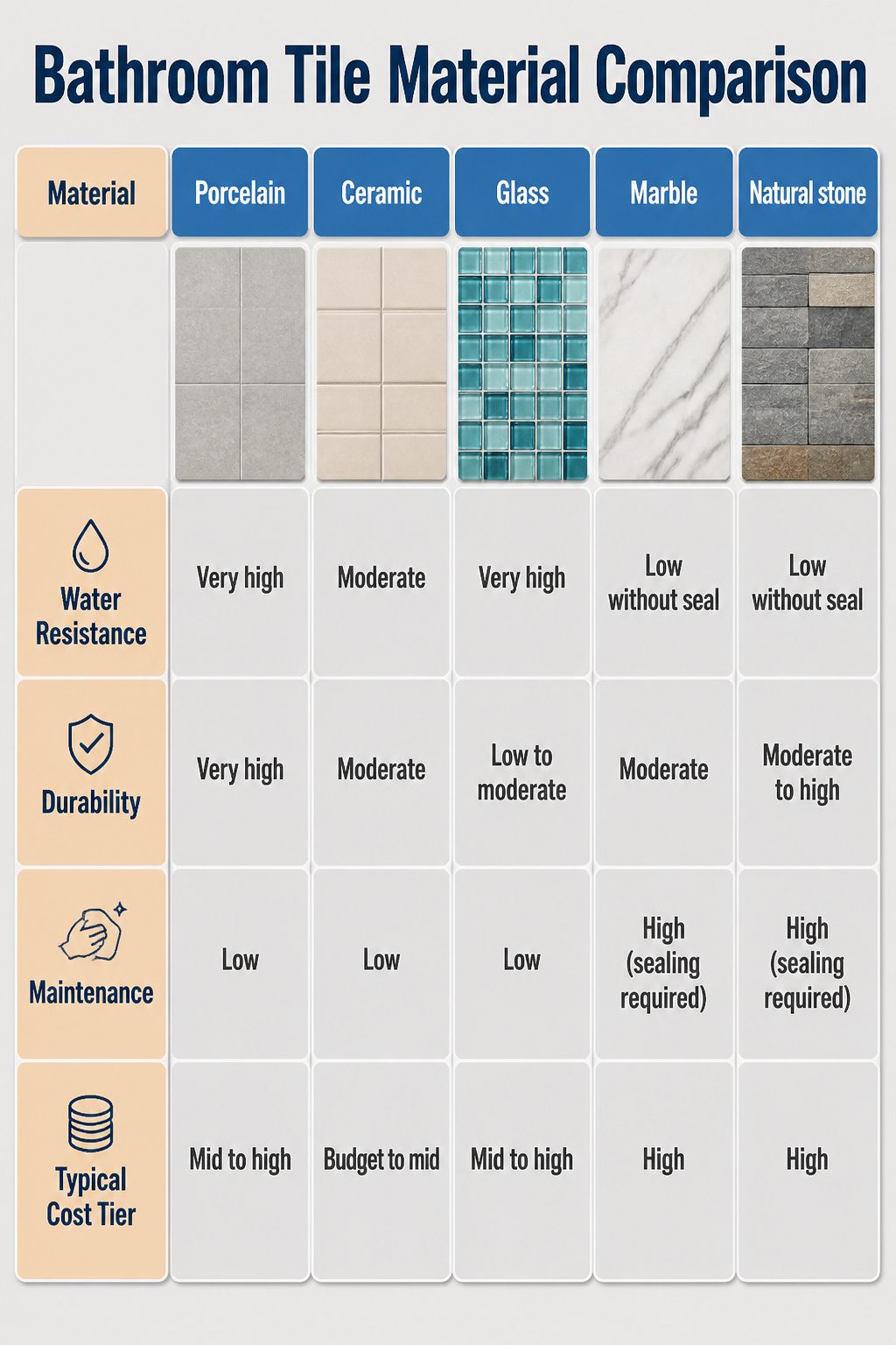 Table comparing different bathroom tile materials.
