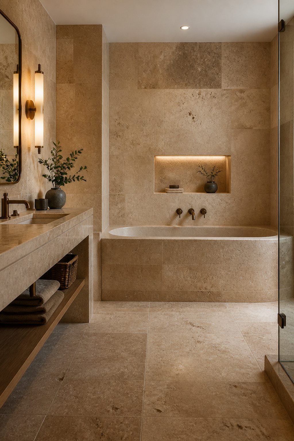 Travertine tiles covering the walls and floor of a luxurious bathroom.