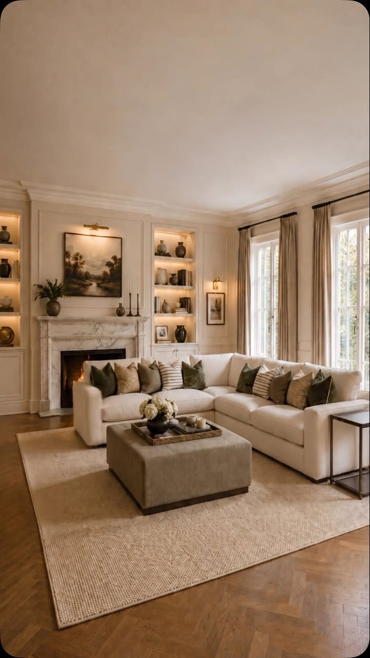White L-shaped corner couch in a living room with a fireplace and ottoman.
