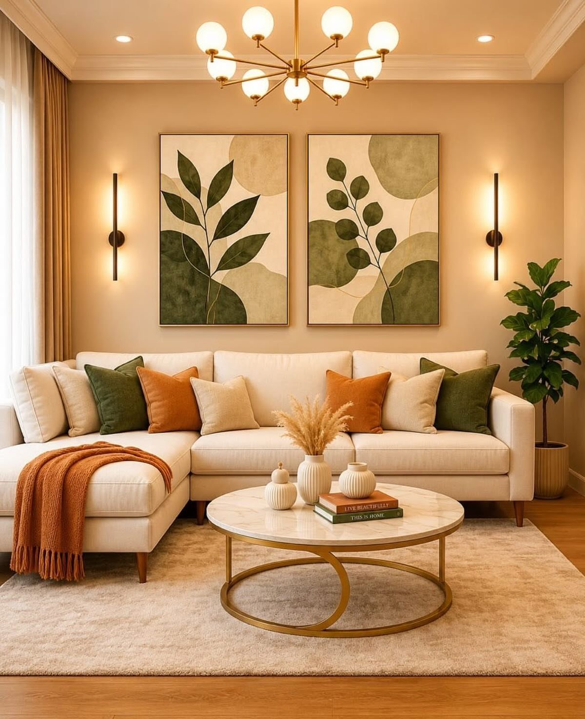White L-shaped sectional sofa with symmetrical wall art and a round marble coffee table.