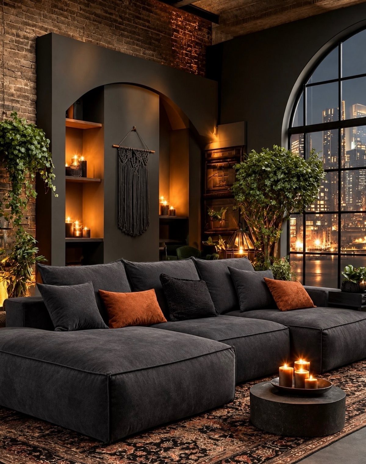 Dark grey sectional sofa with warm ambient lighting and candles in a moody room.
