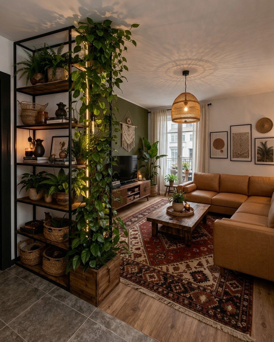 Brown L-shaped sectional sofa and wooden coffee table anchored by a red patterned rug.