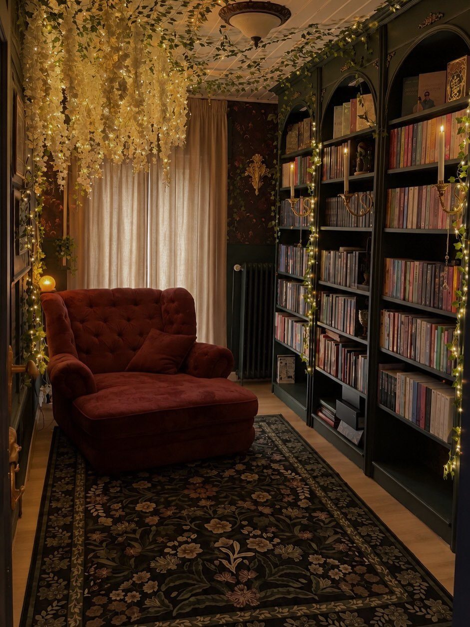Red velvet armchair and dark bookshelves in a moody, vine-covered reading corner