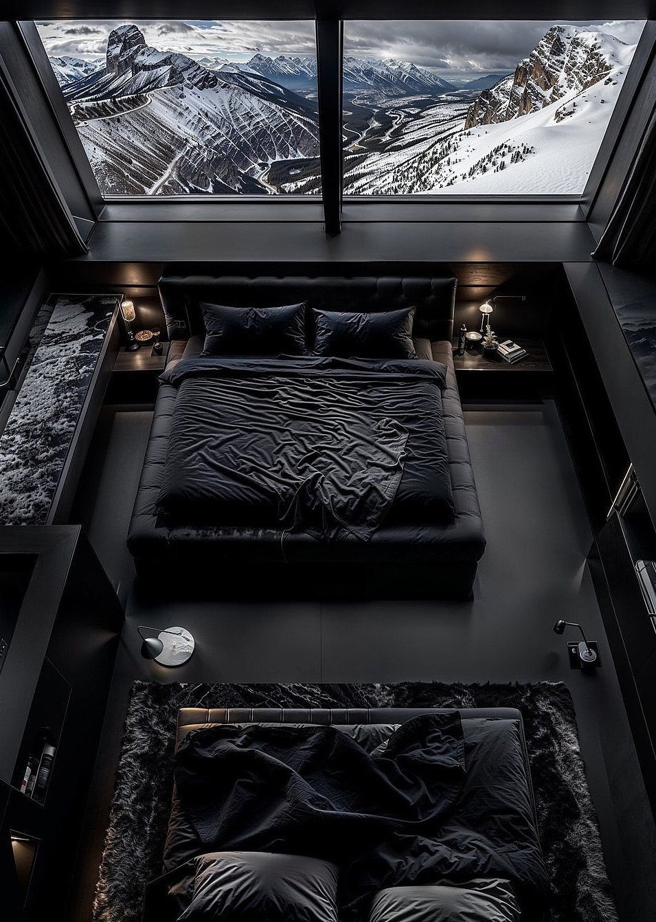Dark bedroom with black bedding and black window frames overlooking snowy mountains.