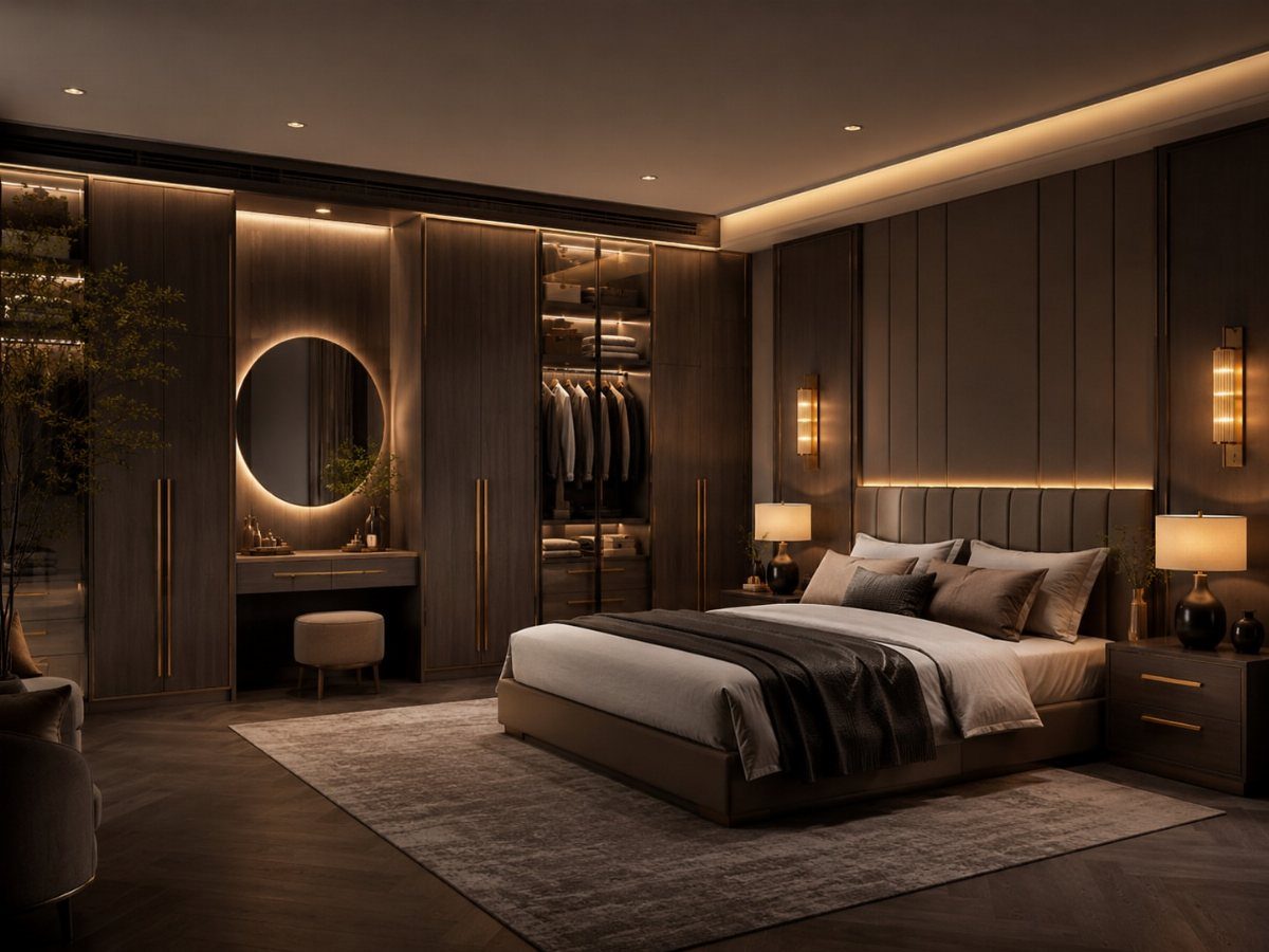 Luxurious bed with layered white and charcoal bedding in a dark moody bedroom.