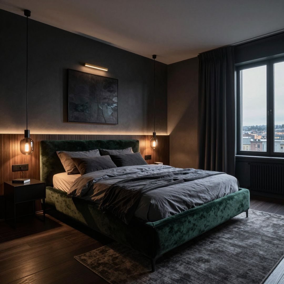 Charcoal grey bedroom walls with a green velvet bed and hanging pendant lights.