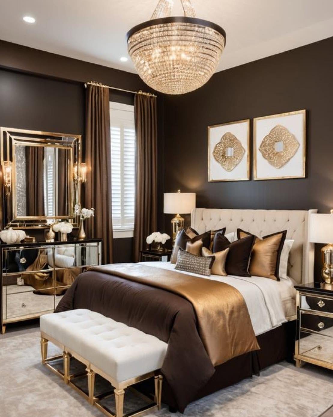 Dark brown bedroom with gold accents, crystal chandelier, and chocolate brown bedding.