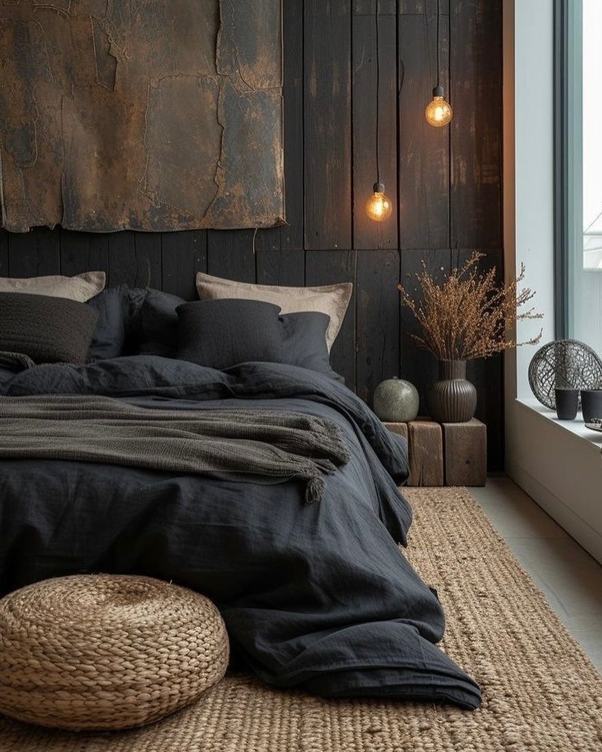 Dark grey bed with black wood paneled walls and hanging Edison bulb lights