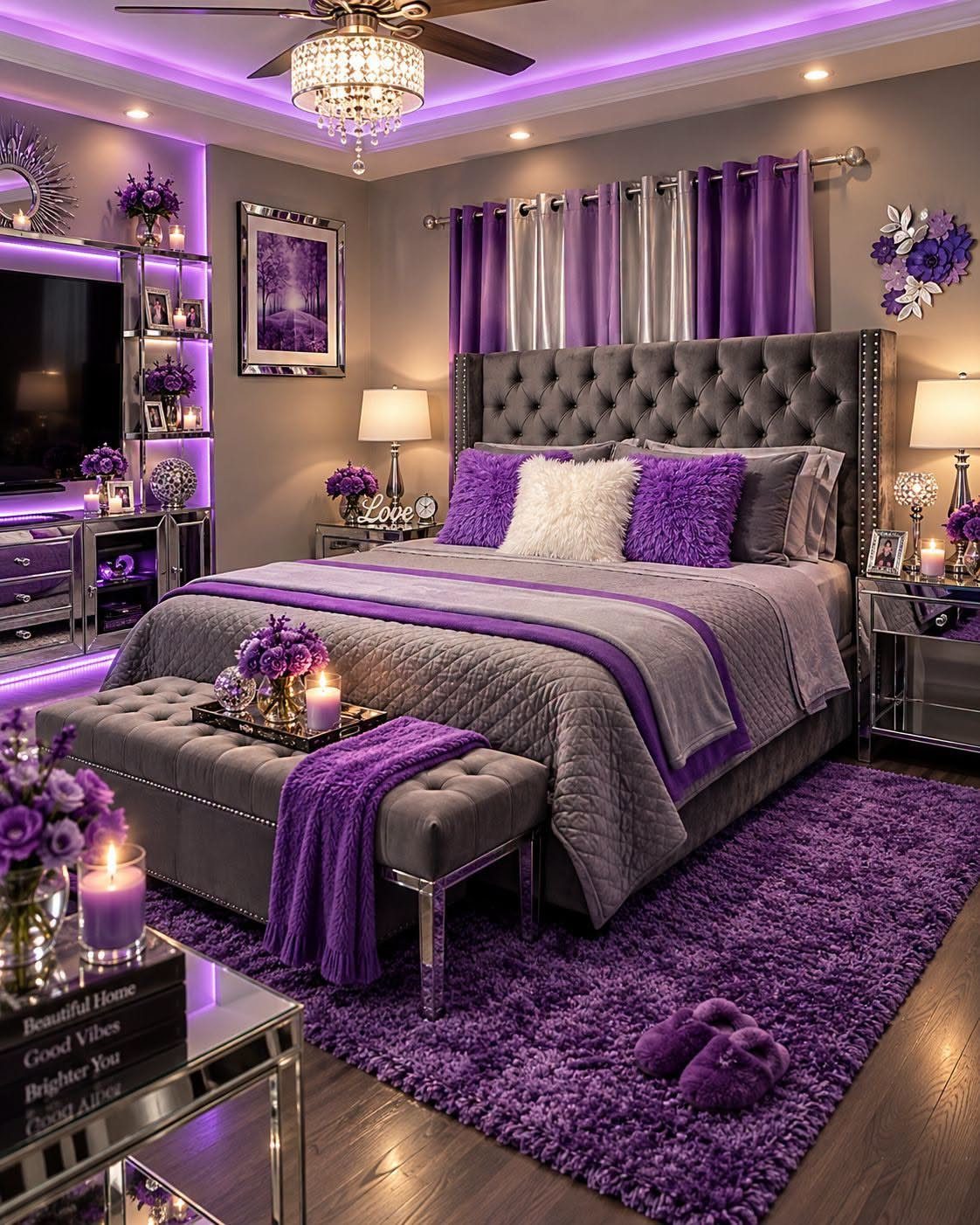 Grey bedroom with purple accent pillows, purple shag rug, and purple LED lighting.
