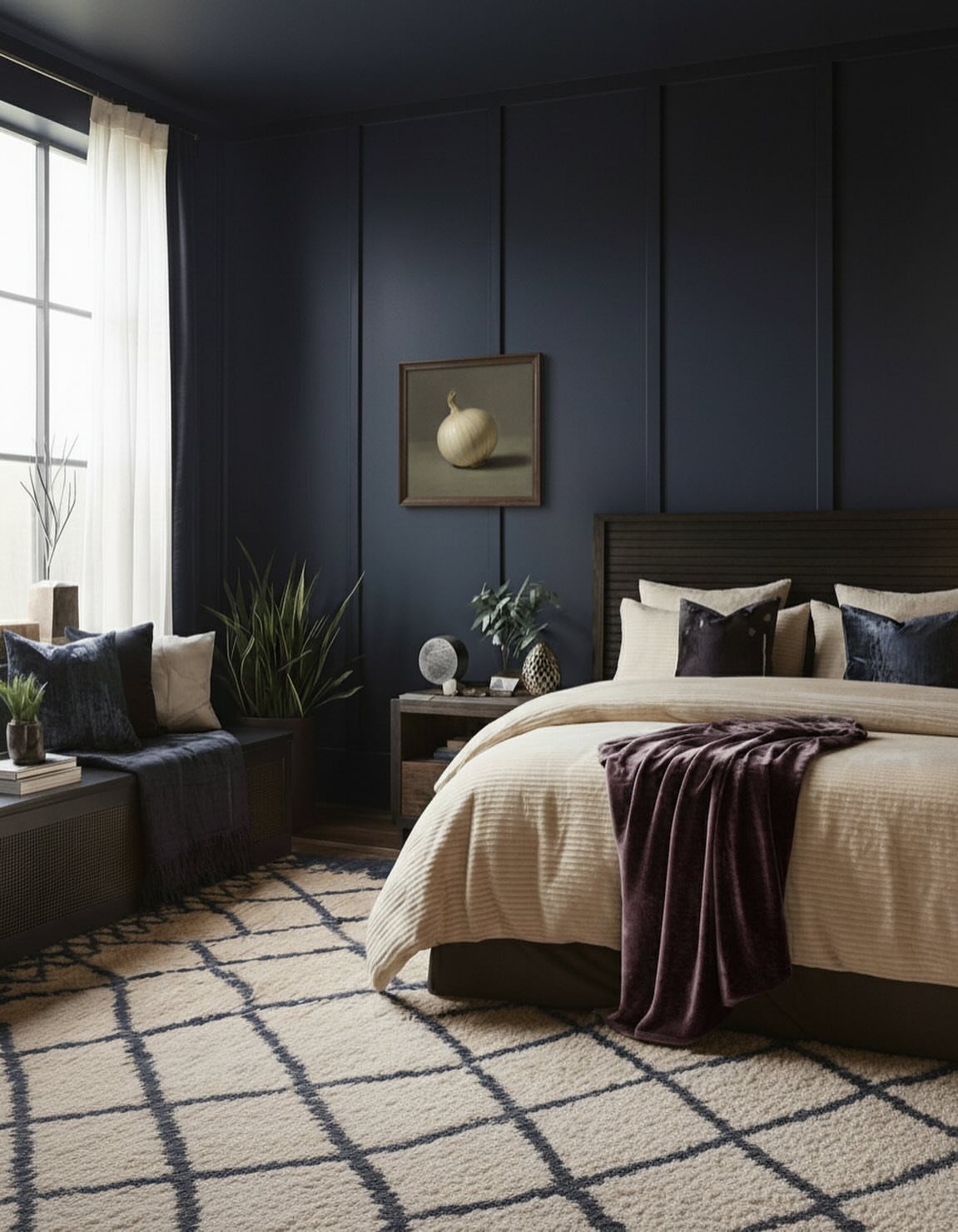 Navy blue paneled bedroom walls with a beige bed and cream patterned rug.