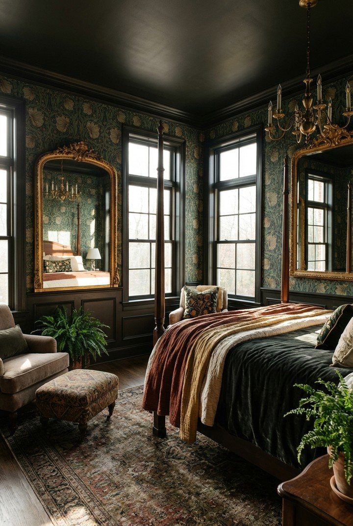 Ornate gold mirrors reflecting light in a dark moody bedroom with floral wallpaper.