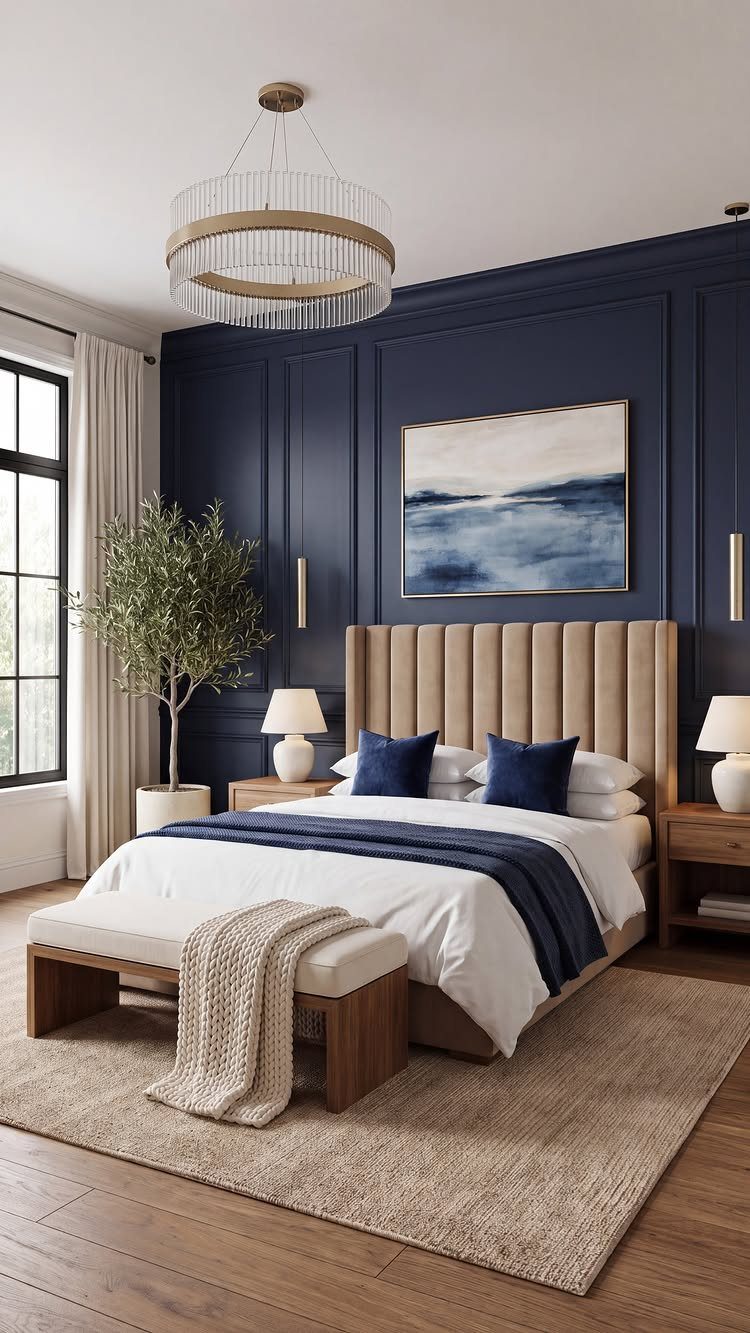 Bedroom with navy blue paneled walls, tan fluted headboard, and layered textile bedding.