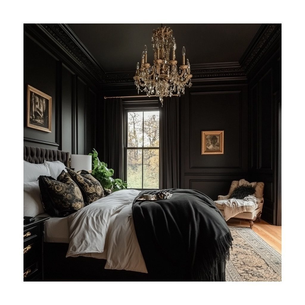 Bed with white bedding and black accents in a room with black walls.