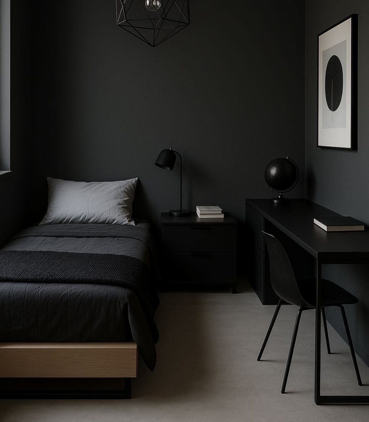 Small bedroom with charcoal grey walls, dark bedding, and a black minimalist desk.