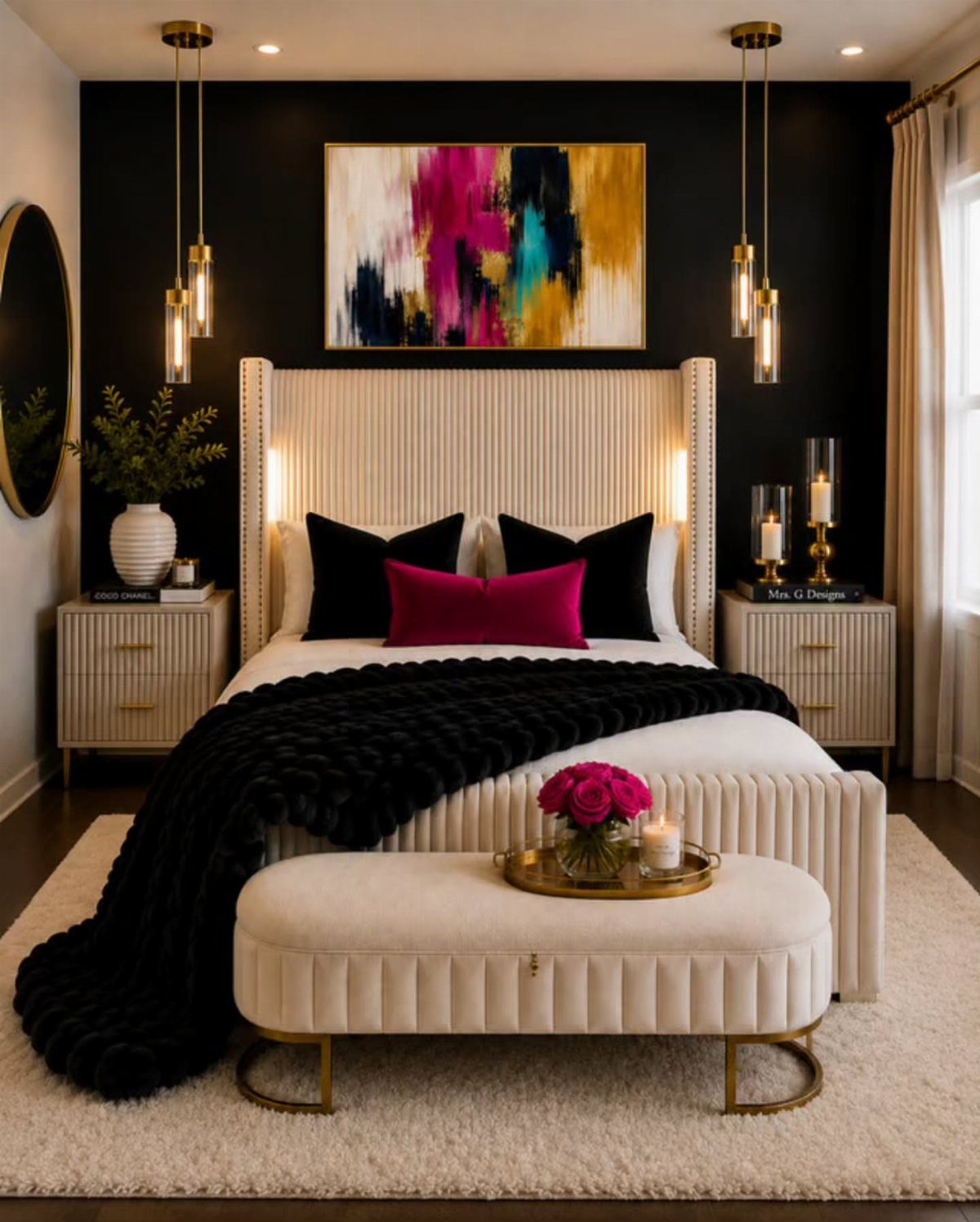 Colorful abstract painting as a focal point on a black bedroom wall