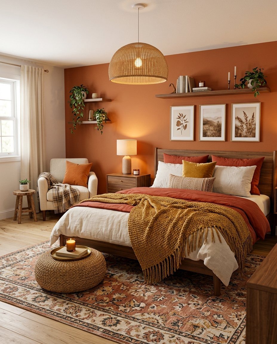 Bedroom with terracotta walls, wooden bed, woven pendant light, and patterned area rug.