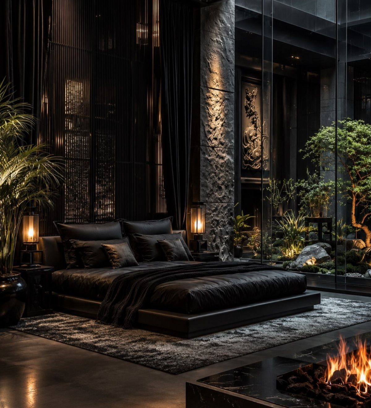 Low black bed in a moody bedroom with black walls and glass garden view