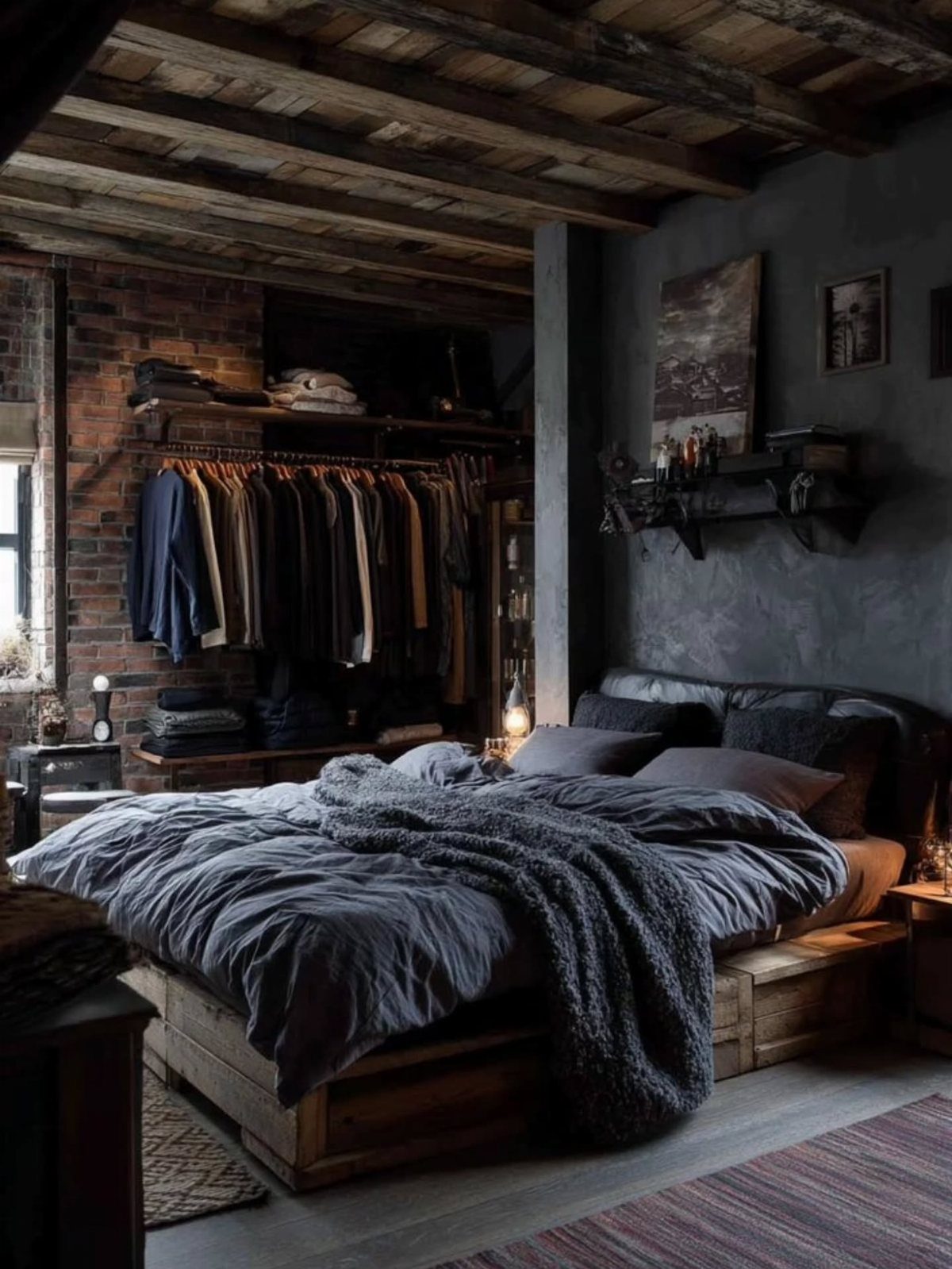 Low wooden bed frame with grey bedding in a dark moody bedroom setting