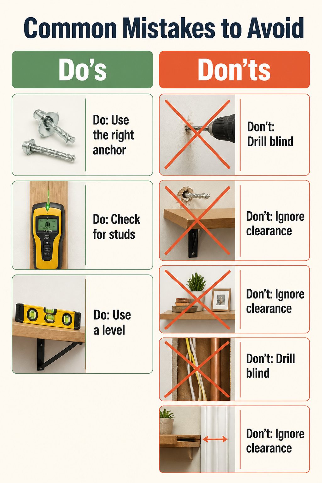 Visual guide to mistakes in shelf installation.
