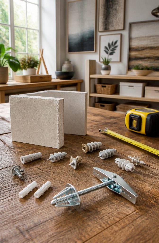 Sample drywall pieces and anchors on a wooden table.