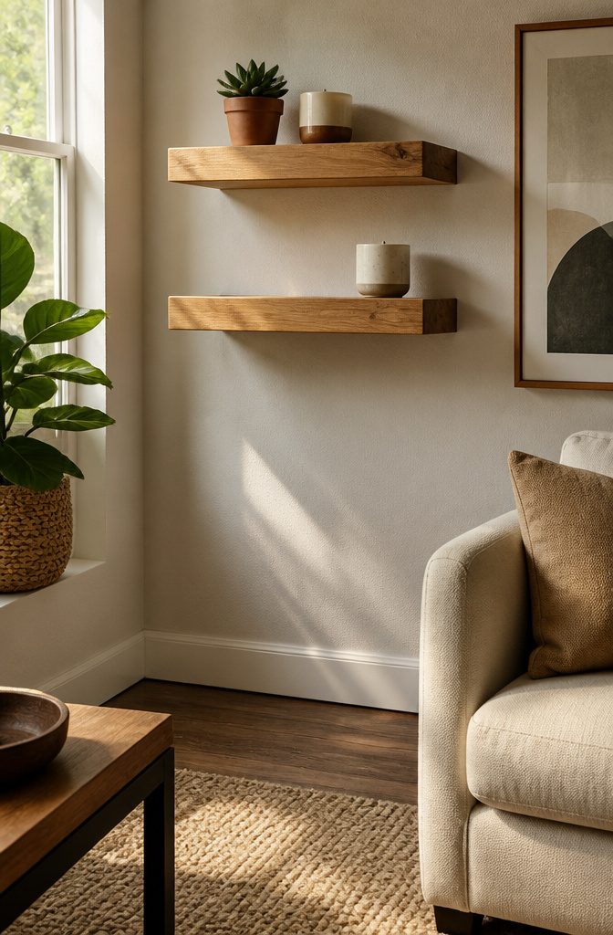 Floating shelves made of natural wood with a succulent and candles.