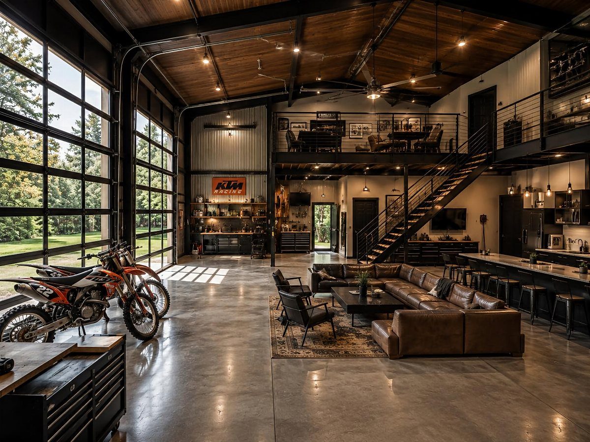 Luxury garage interior with polished concrete floors, leather lounge, and exposed dark wood ceiling beams.