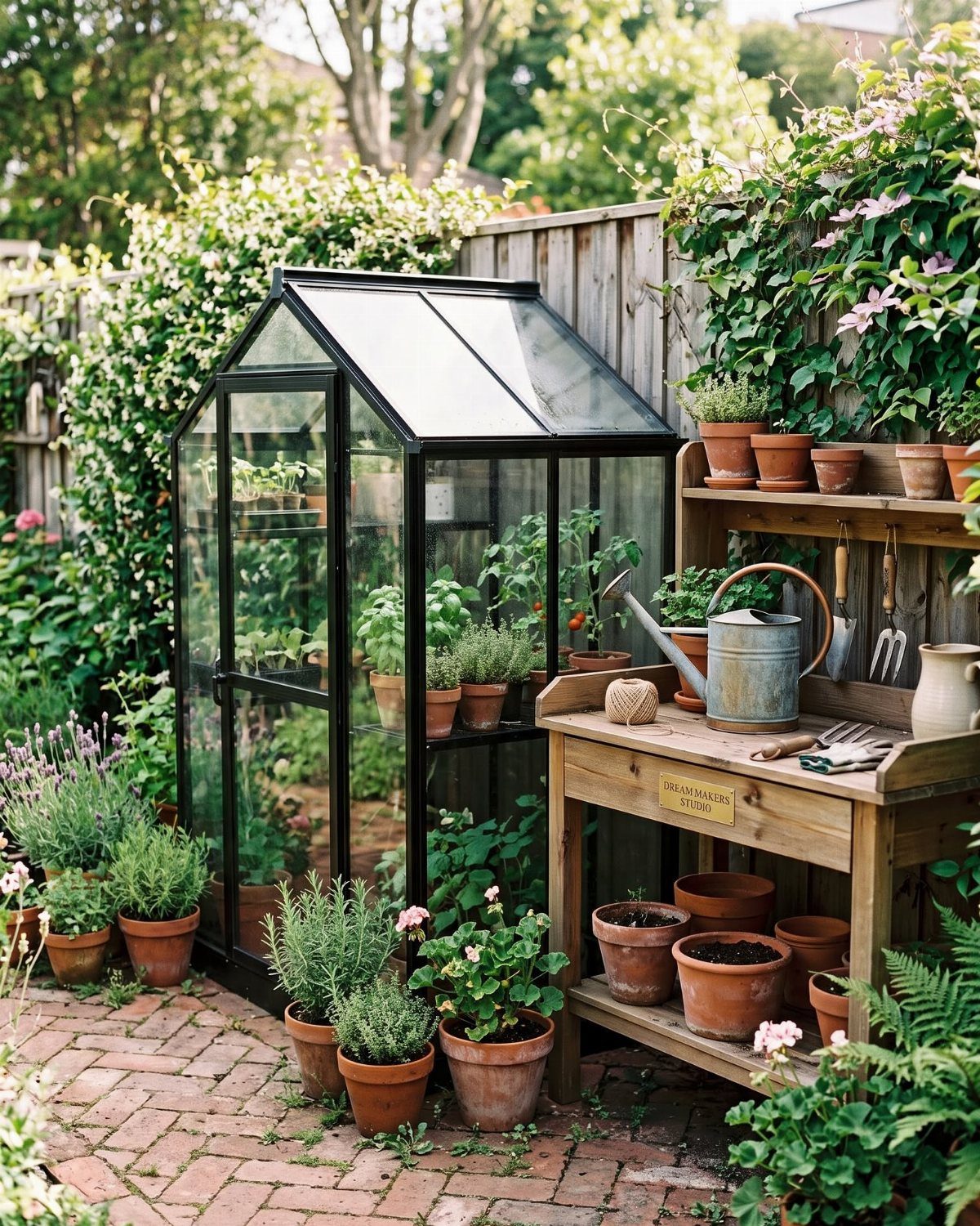 Wooden garden potting bench with terracotta pots and tools next to a glass greenhouse.