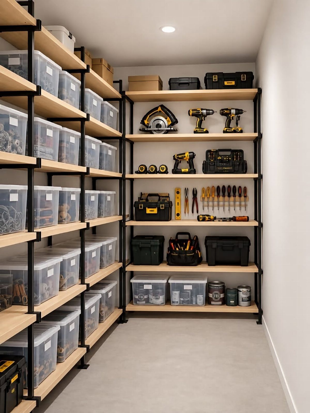 Black metal shelving units holding clear storage bins and power tools in a garage.