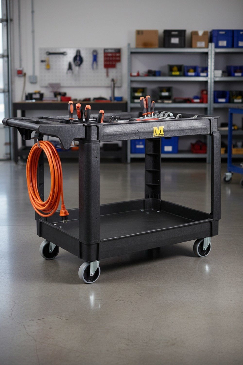 Black metal utility cart on wheels holding tools in a clean garage workshop.