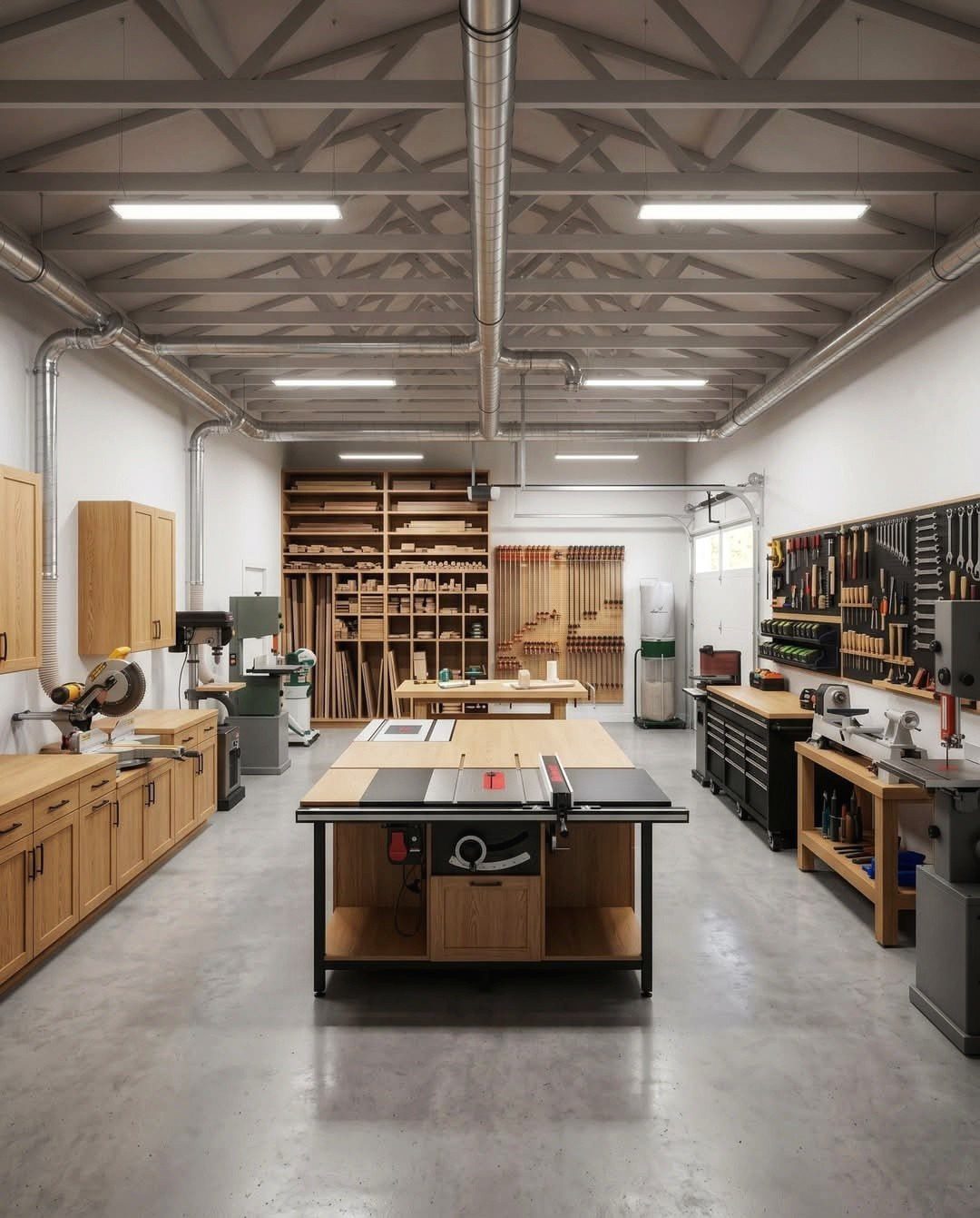 Professional woodworking workshop with a central table saw and organized tool walls.