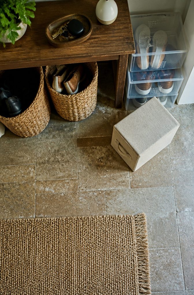 Transparent shoe boxes and baskets holding shoes near an entryway