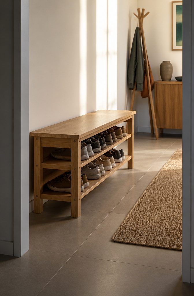 Entryway bench with shoes stored on open shelves beneath the seat