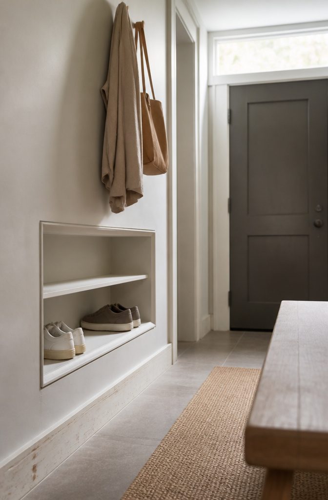 Built-in wall niche holding shoes below hooks for coats and bags