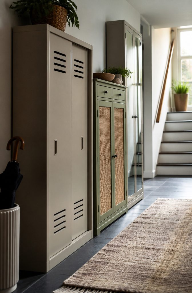 Slim shoe cabinets with closed doors along a narrow hallway