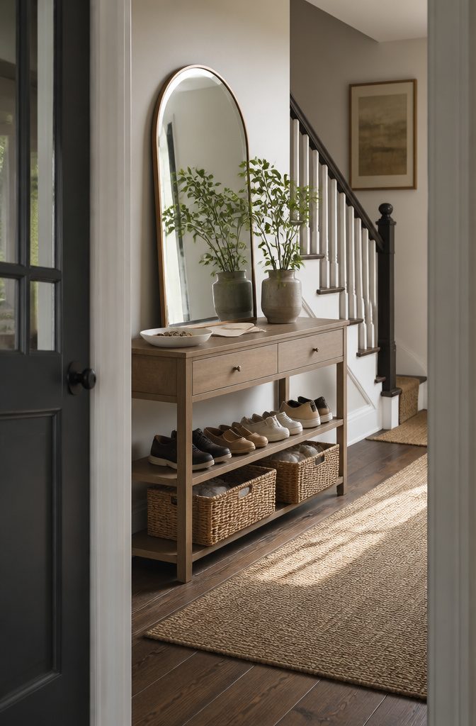 Hallway console with arched mirror drawer and shoes on lower shelves