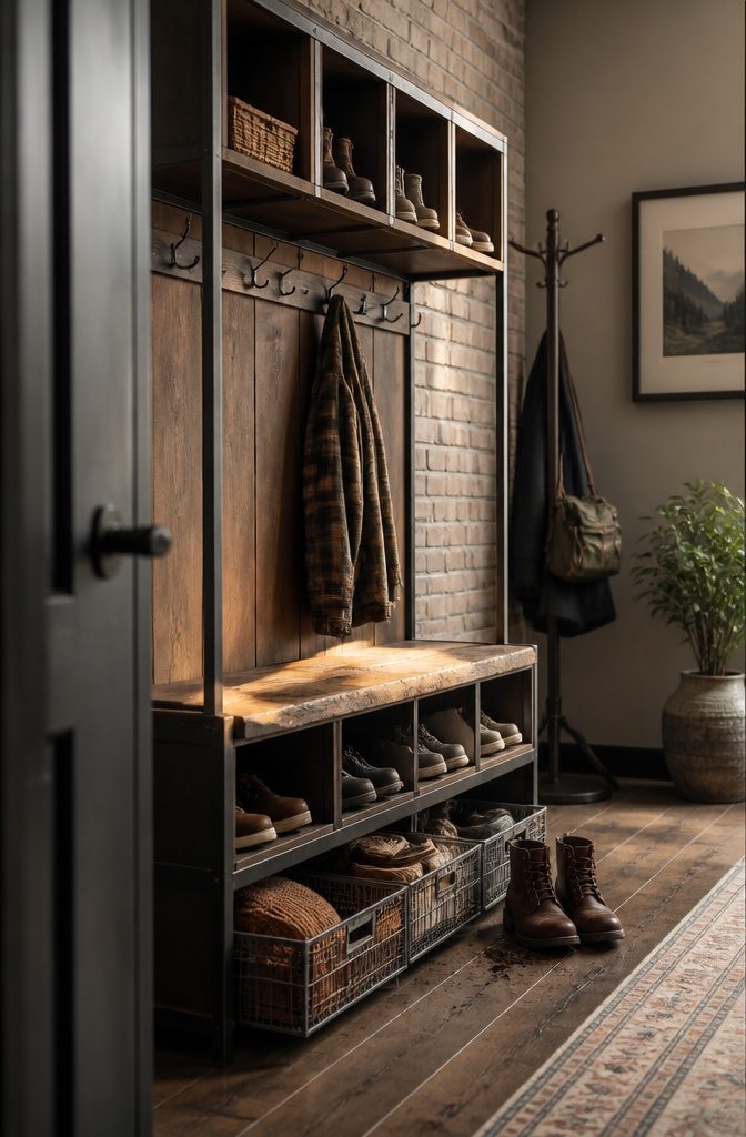Wood and metal entryway unit with bench hooks shoe shelves and baskets