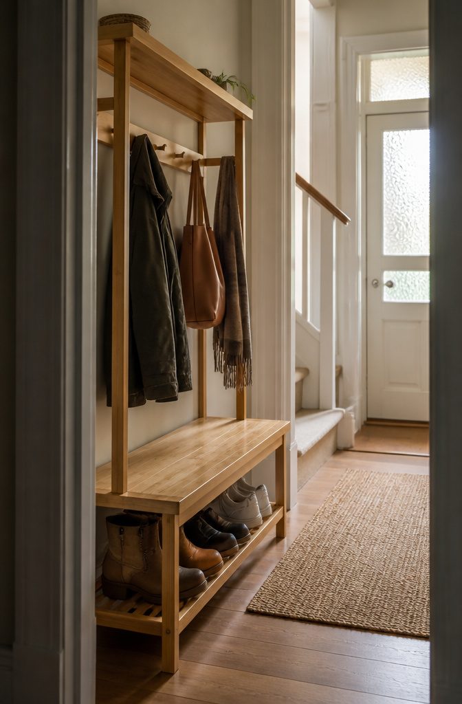 Bamboo hall unit with a bench coat hooks shoes and upper shelf