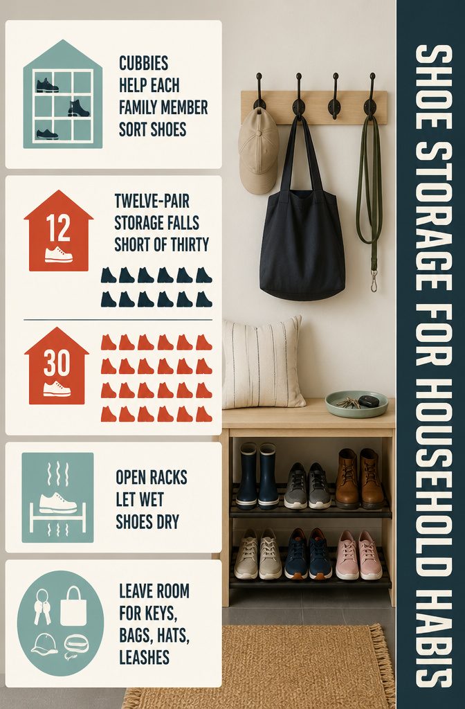 Home interior infographic titled Shoe Storage for Household Habits