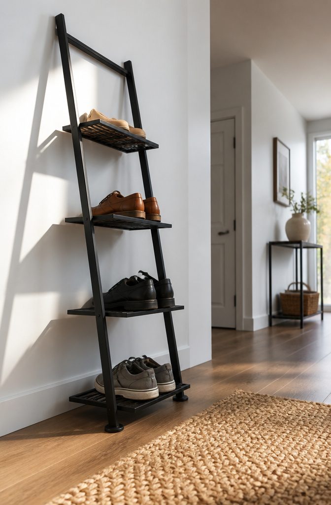 Matte black ladder-style shoe rack leaning against an entryway wall