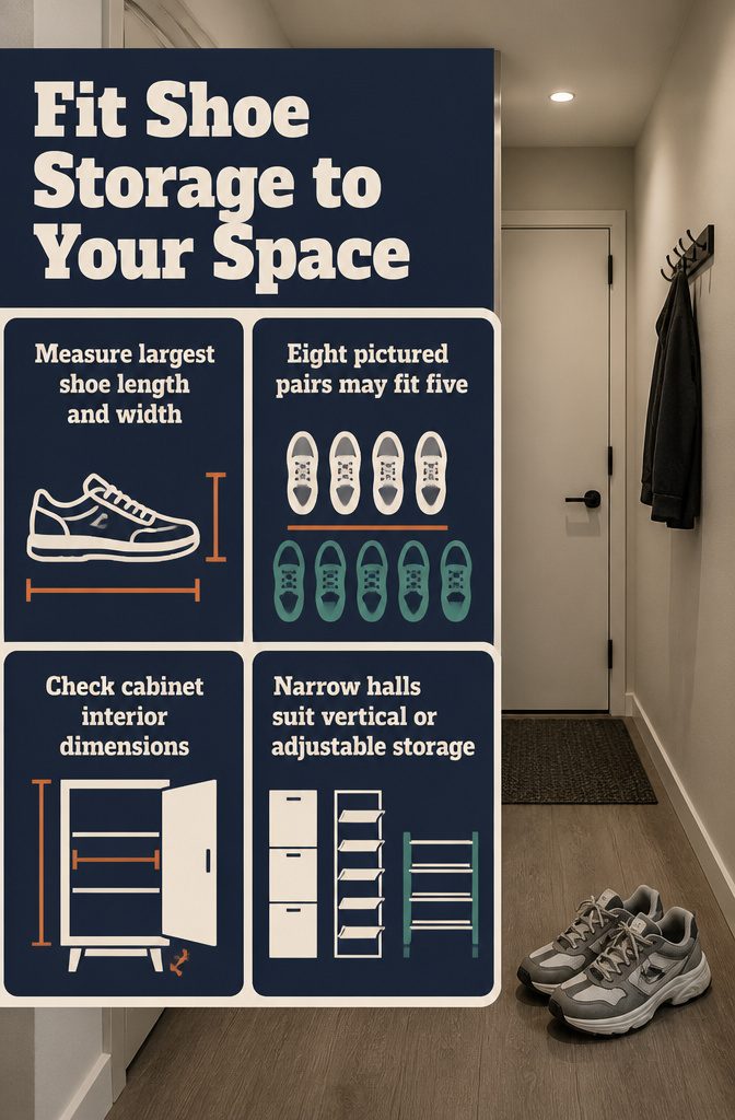 Home interior infographic titled Fit Shoe Storage to Your Space