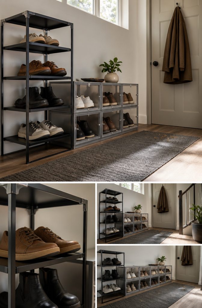 Stacked adjustable steel shoe racks holding pairs beside an entryway wall